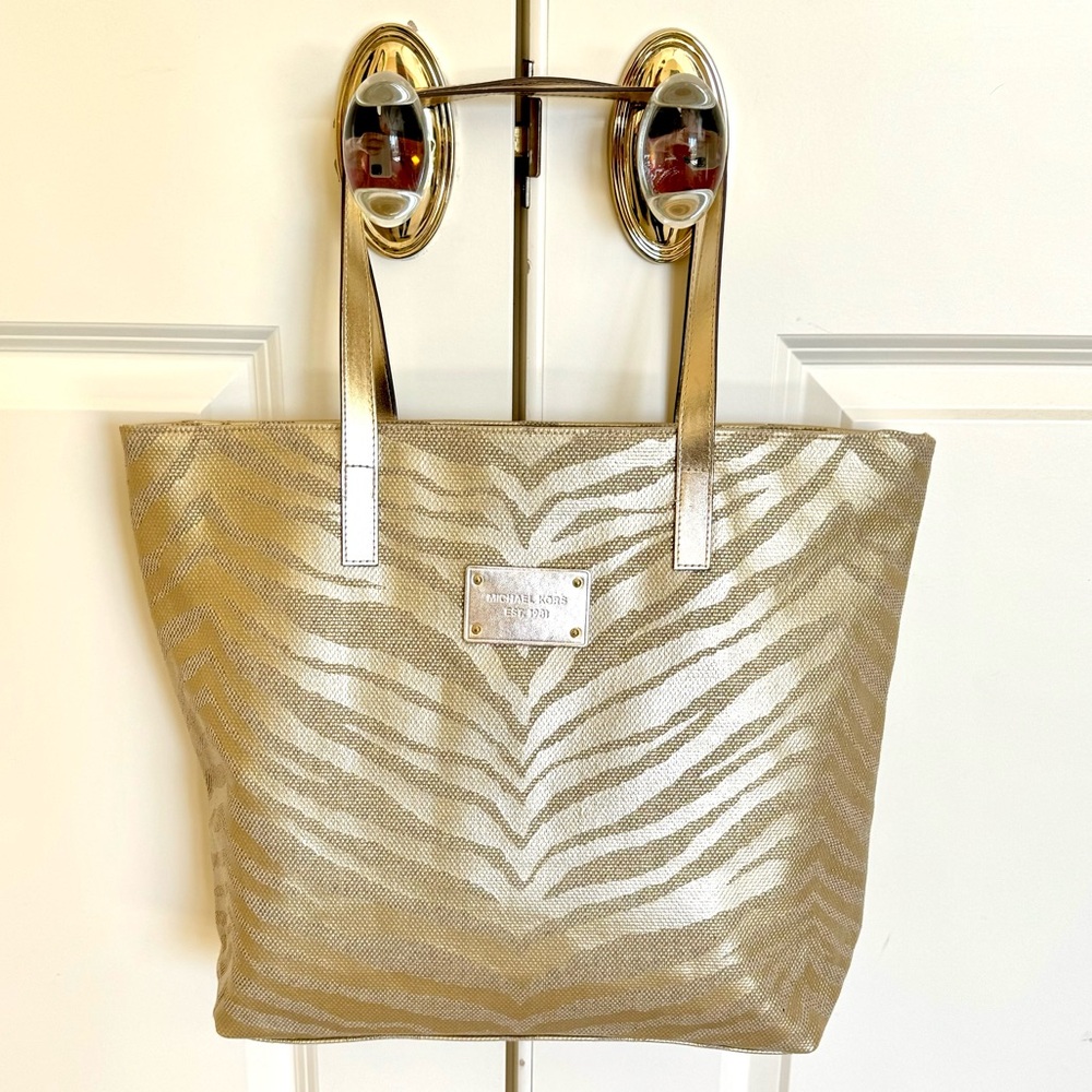 Canvas Michael Kors Gold Tan Metallic Tiger Zebra Animal Print Shoulder Tote Bag - Picture 5 of 6
